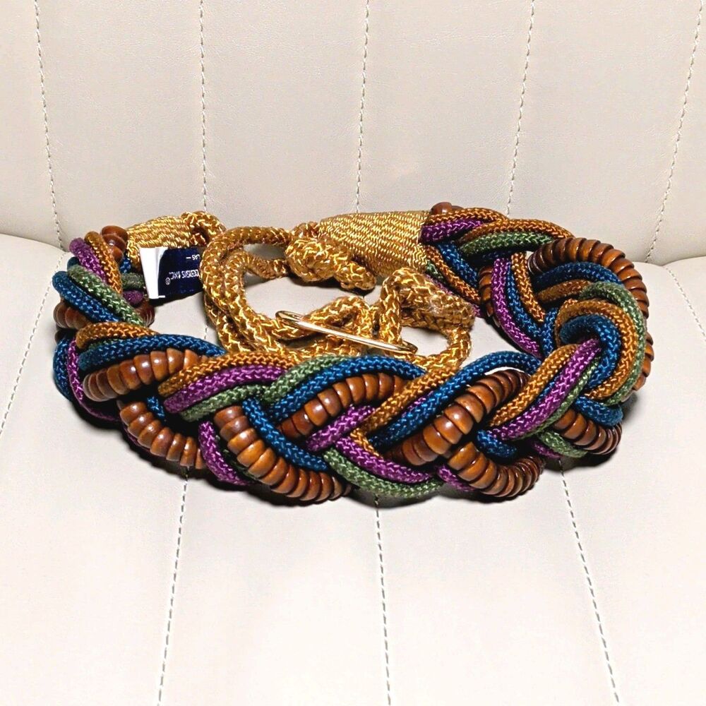 Vtg Boho Belt Ginnie Johansen Dallas Multicolor Braided Gold Rope Wood Beads M/L